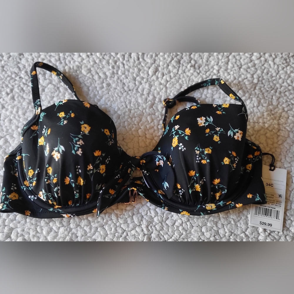 Shade and Shore Bikini Top Underwire Plunge Women's Floral Black Print 34c NWT